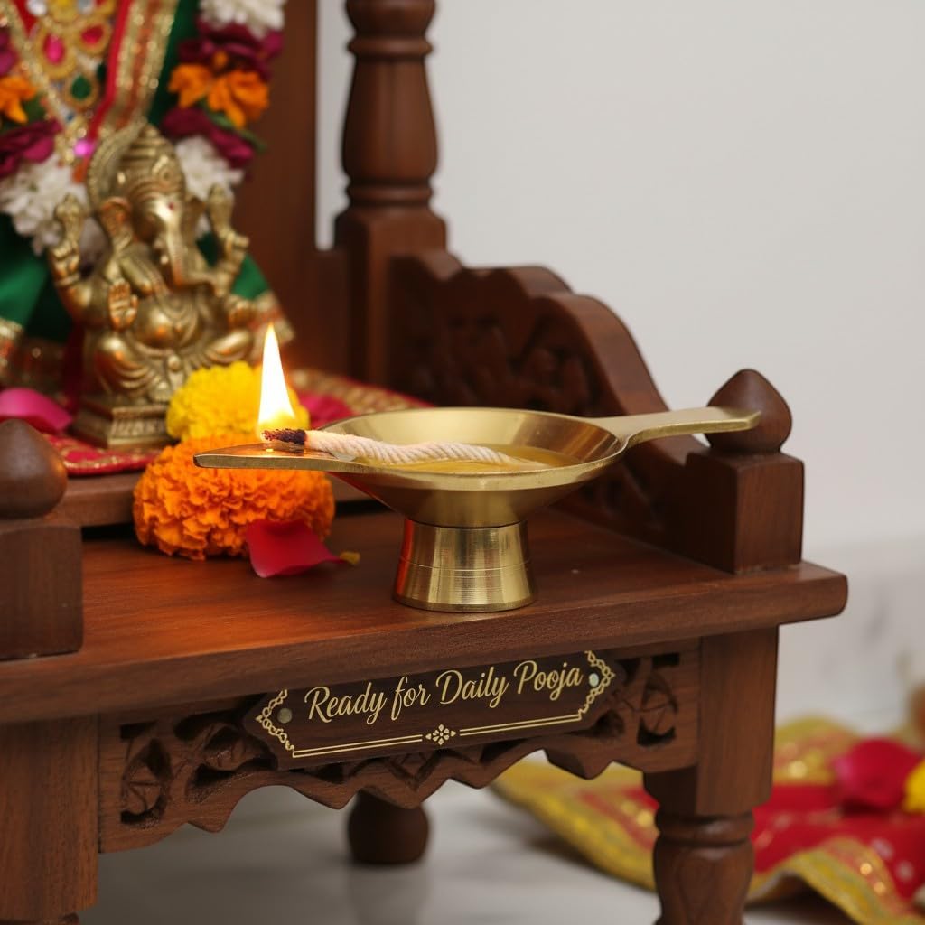 Brass Diya for Pooja – Long-Lasting Oil Lamp with Wick Holder for Daily Use, Works with Cotton Wicks & Ghee for Mandir