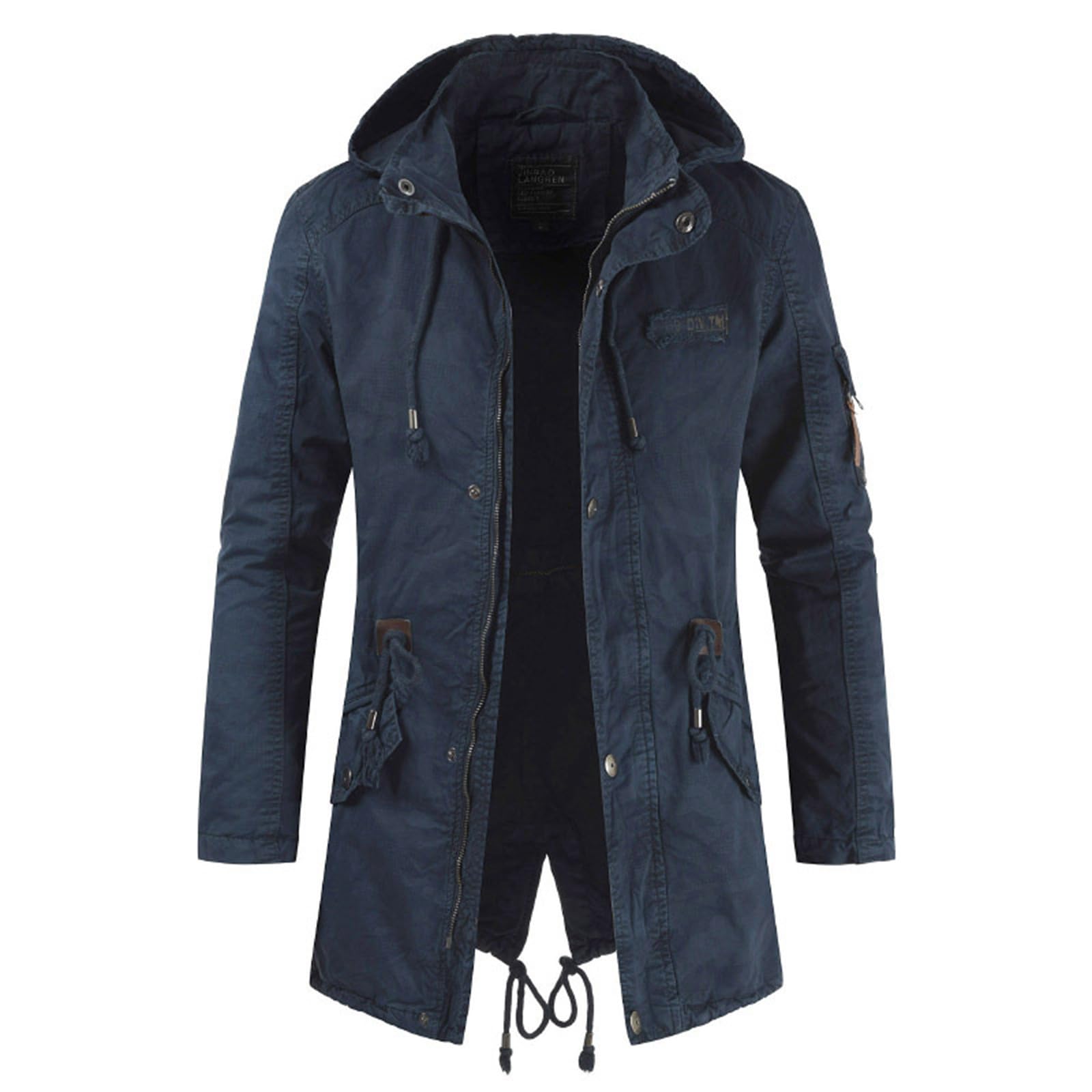 Giacca invernale da uomo militare con cappuccio, parka, lunghezza media, casual, con cappuccio, vestibilità normale, antivento, tinta unita, giacca funzionale a vento