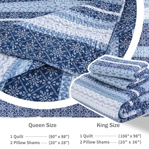 Image of Homzard Quilt King Size,Blue White Snowflake Striped Quilt Bedding Set, Cotton Boho Gemetic Comforter Set, Lightweight Comforter King Size (106 * 98 Inches) with 2 Pillow Shams