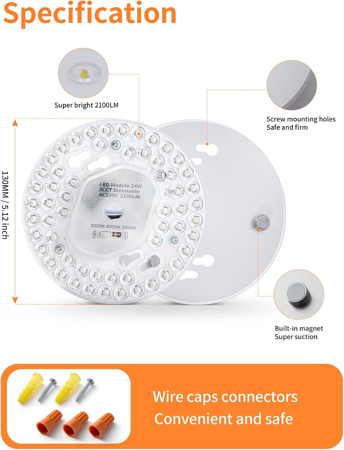 2 Pack Ceiling Fan LED Light Replacement Dimmable 5.1 inch 24W 2100LM, AC120V 3CCT 3000K/4000K/5000K Adjustable LED Retrofit Light Kit for Ceiling Fan