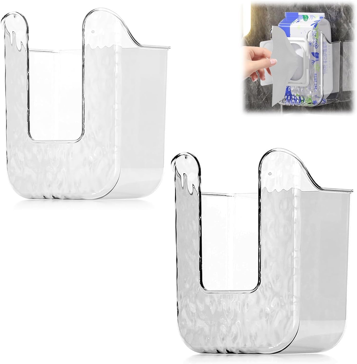 Kitchen Wipes Storage Box, Clear Acrylic Hand Towel Storage Rack, No Punching Self-Adhesive Wall Hanging Tissue Holder, Wet Wipes Dispenser for Kitchen Bathroom Toilet (2PCS)