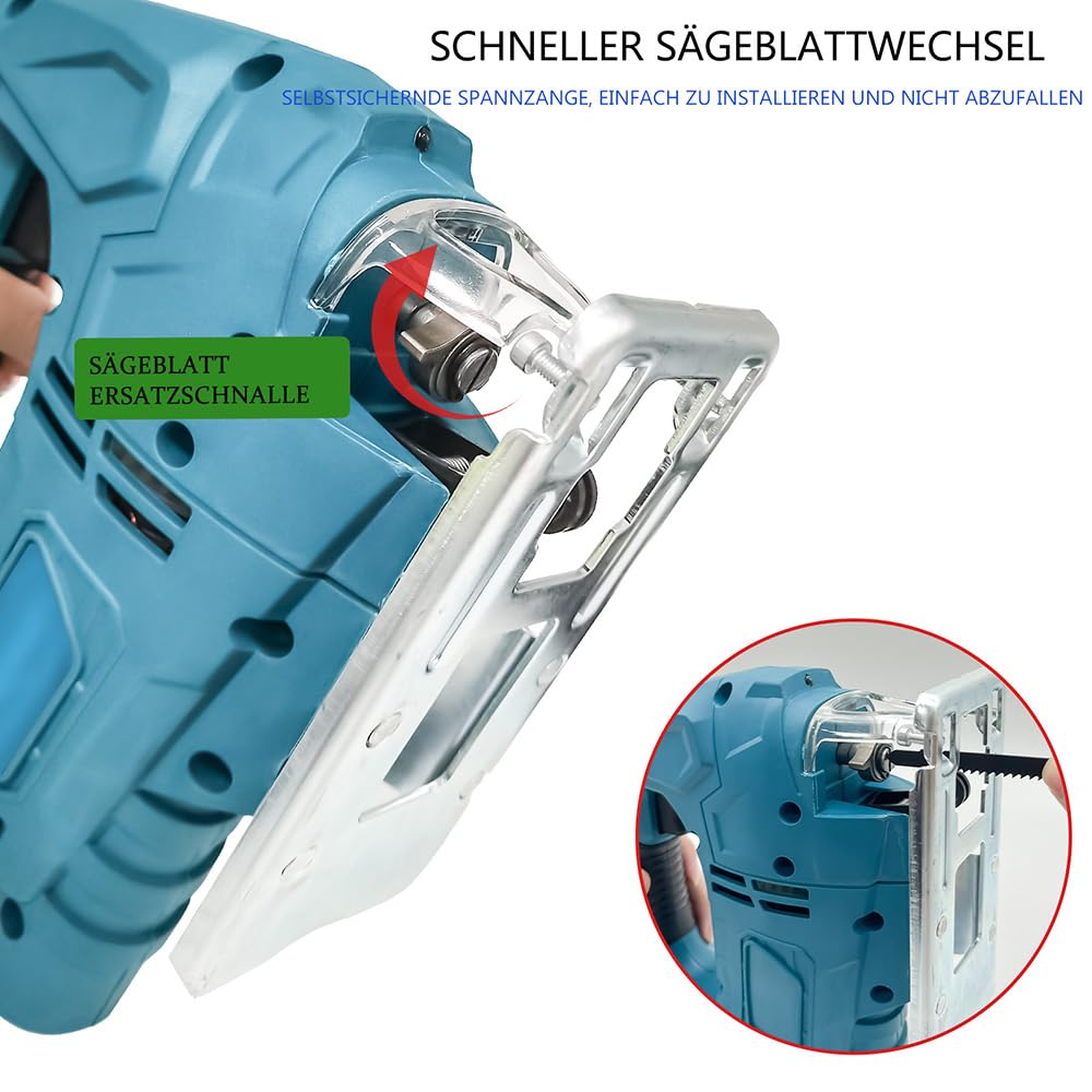 Akku Stichsäge 18V, 3000 SPM Stichsäge mit LED-Licht, Bürstenloser Stichsäge, 4 Orbitaleinstellungen, 4 Klingen, 2x 3,0Ah-Akku und Ladegerät