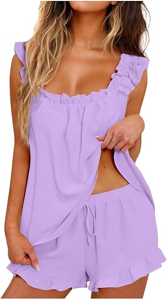 Womens Summer Pajamas Sets 2 Piece Ruffle Pj Soft Tank Top and Shorts Sleepwear Bridal Cute Lounge Wear Outfits