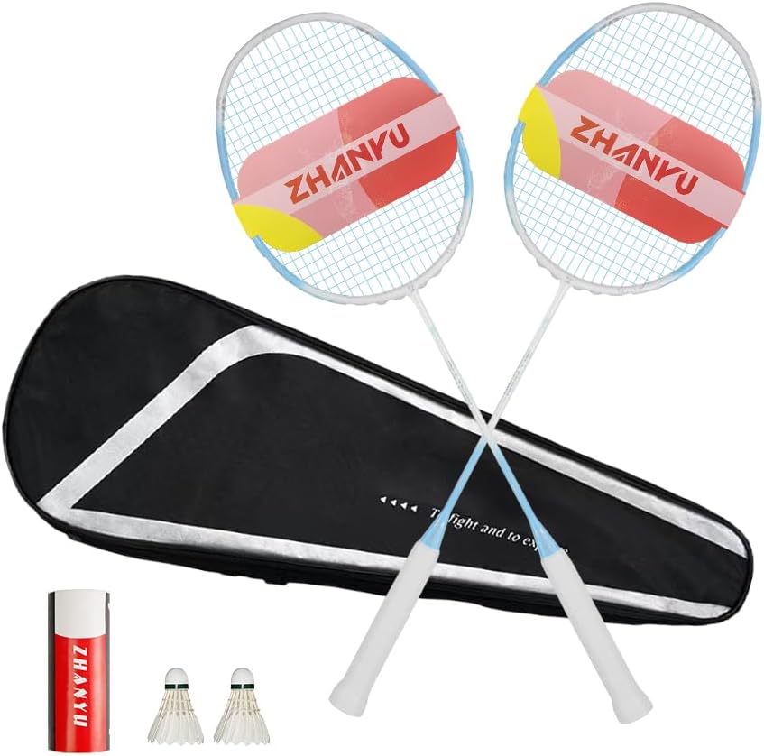 Badminton Racket Set,Carbon Fiber Badminton Racket,Ultra Light All Carbon Fiber 8u (64g) Durable Integrated Shelf,Including 2 Rackets,2 Shuttlecocks,and 1 Bag Blue