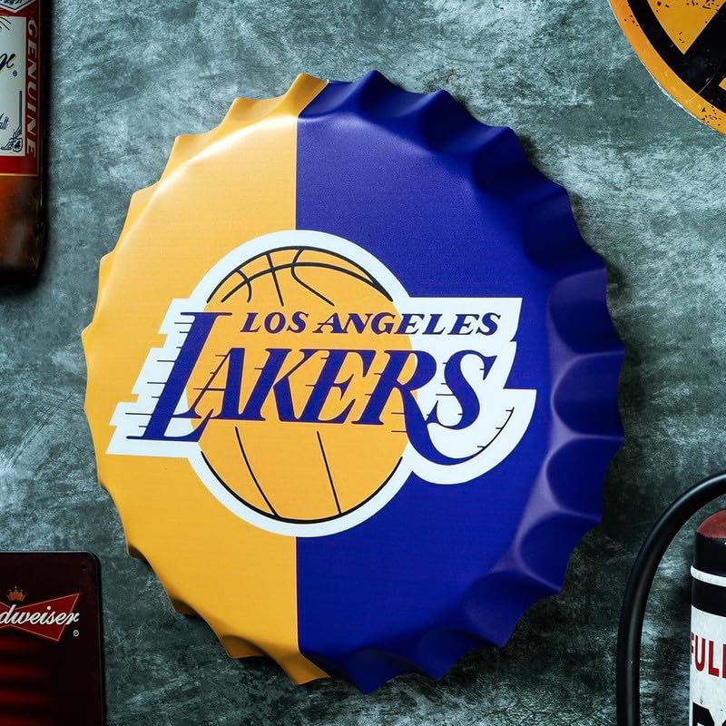 Image of EAZYWAGON Decorative Metal Bottle Caps Wall Sign Plates - 14X14 Inches - Angeles Lakers | Metal Wall Hanging Bottle Cap for Home, Farmhouse, Bar & Cafe Decoration | Vintage & Retro Look Plaques