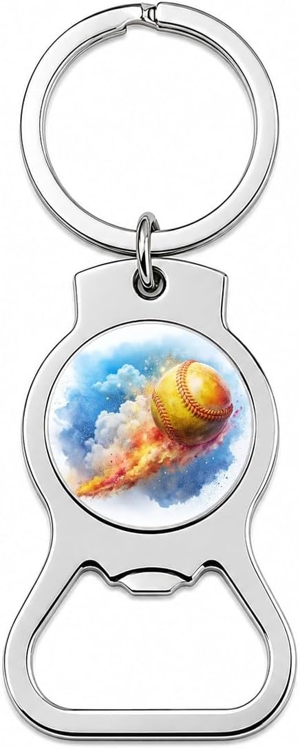 Softball Rocketing Through The Sky Watercolor Bottle Opener Keychain