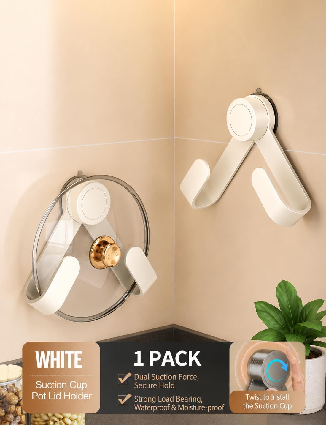 Rotating Pot Lid Rack with Suction Cup, Adjustable Wall-Mounted Pot Lid for Home Kitchen, White