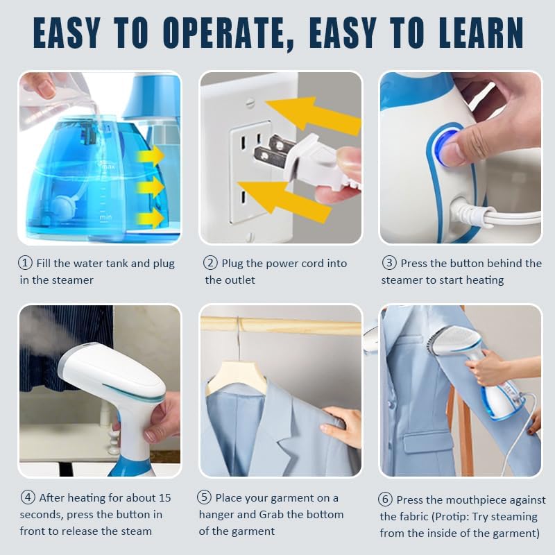 Handheld Garment Steamer, 1500W Portable Fabric Steamer, 9.47oz Large Removable Water Tank, 3 Steam Modes, 30-Second Fast Heating, for Home, Travel, Office