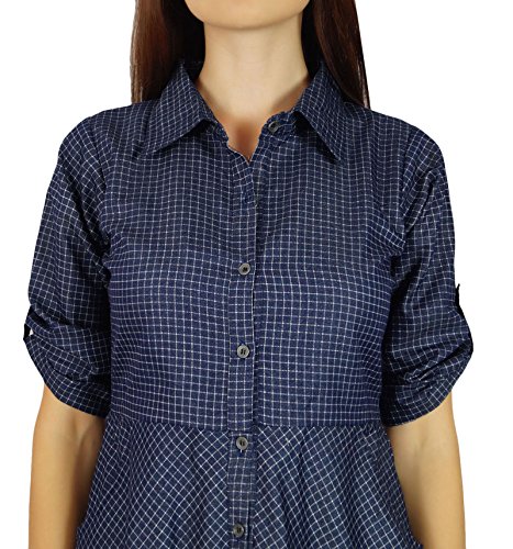 Bimba Womens Buttondown Cotton Shirt Dress With Pockets Casual Collar Neck Blue #TOP6