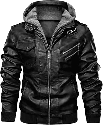 HOOD CREW Giacca Moto In Ecopelle Uomo Con Cappuccio Rimovibile - Bomber Impermeabile E Antivento
