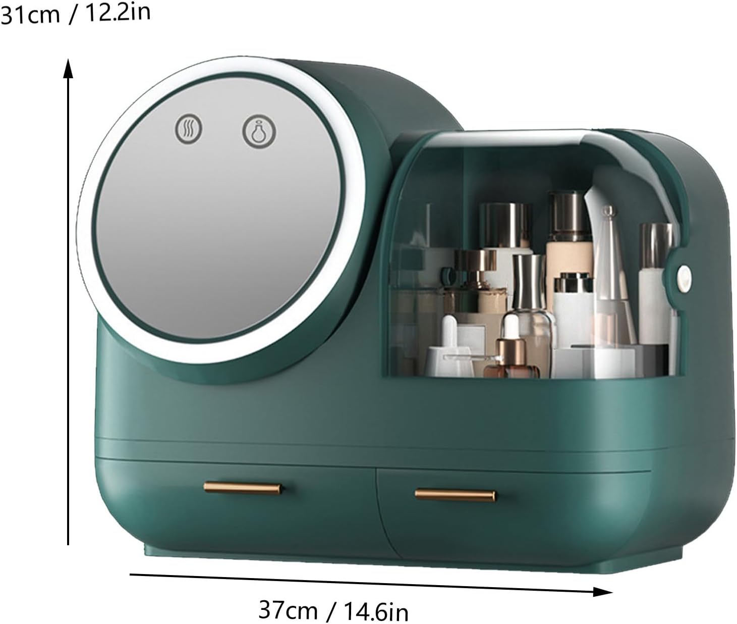 Yosoo Large Capacity LED Light Mirror Fan Makeup Case Portable Storage Box Women Mirror Fan Makeup Case LED Light Large Capacity Storage Box Portable with ABS Plastic Organizer (Green)