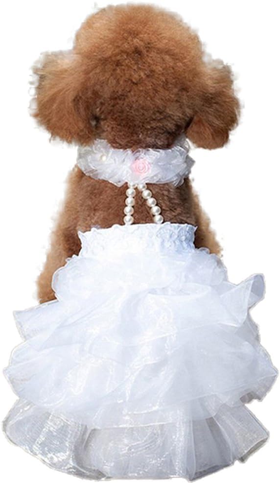 SHIAOMIN Dog Wedding Dress Bride Outfit with Pearl Necklace and Rose Pet Princess Dress Apparel for Puppy Dog Cat (Medium)