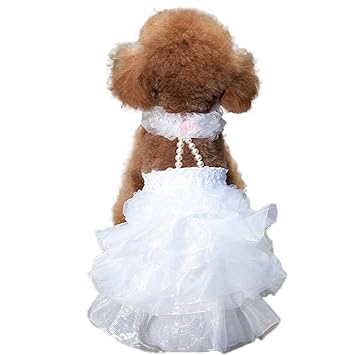 WORDERFUL Dog Dress Bride Outfit Pearl Necklace Rose Pet Princess Formal Apparel Puppy Cat (L)