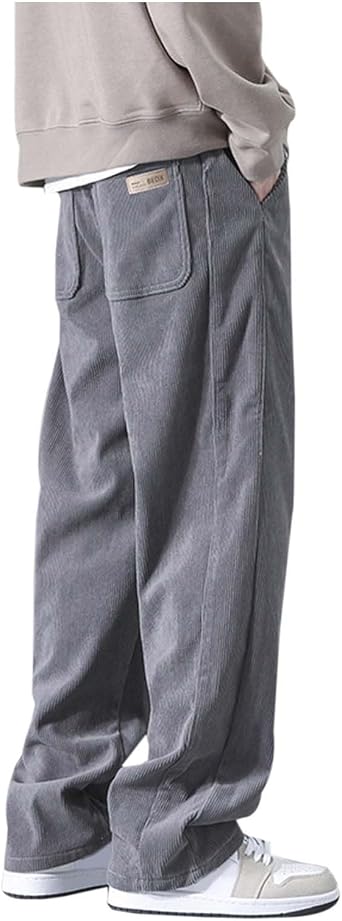 Franterd Corduroy Pants Men Baggy Casual Elastic Waist Hiking Wide Leg Sweatpants Fashion Straight Leg Pants with Pockets