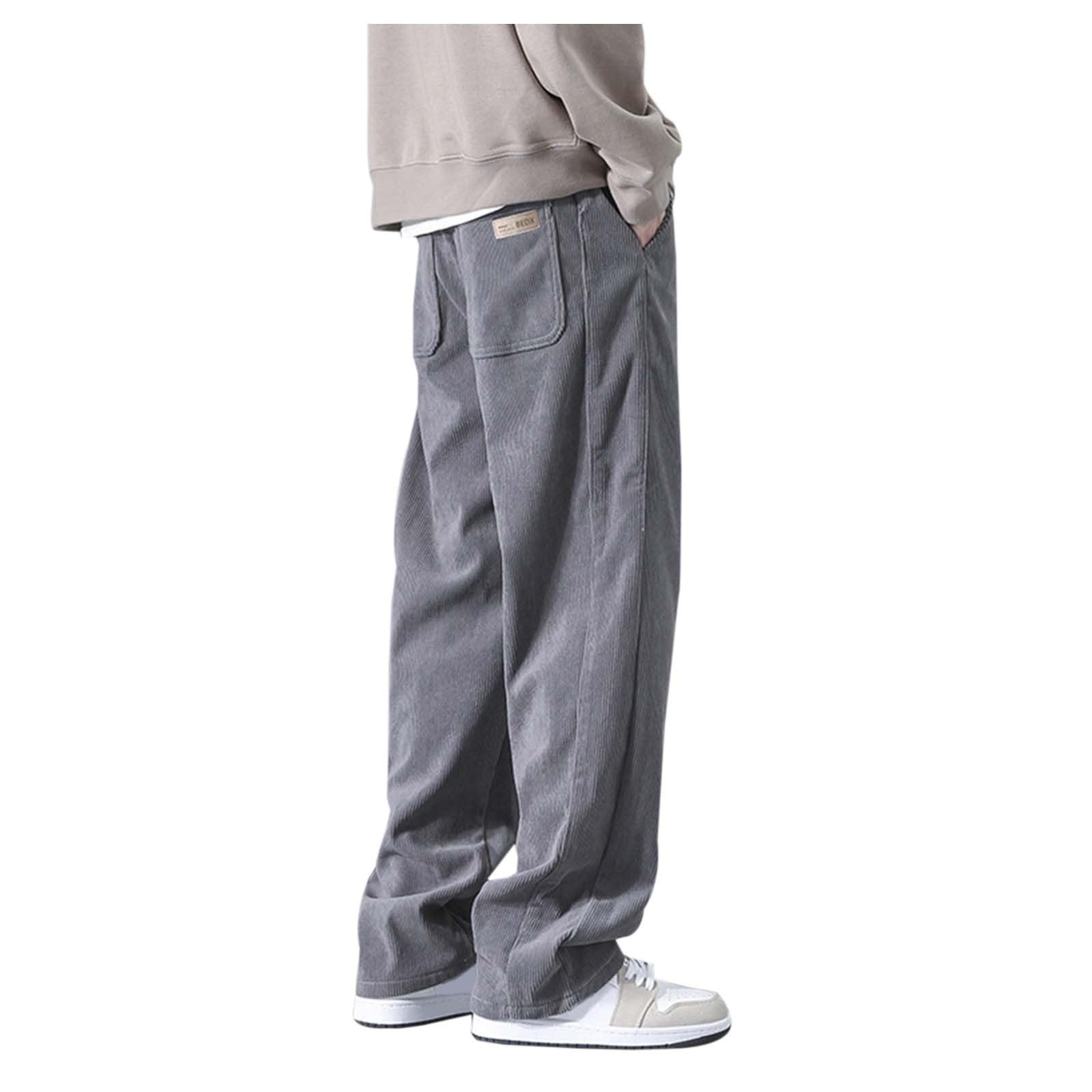 Franterd Corduroy Pants Men Baggy Casual Elastic Waist Hiking Wide Leg Sweatpants Fashion Straight Leg Pants with Pockets
