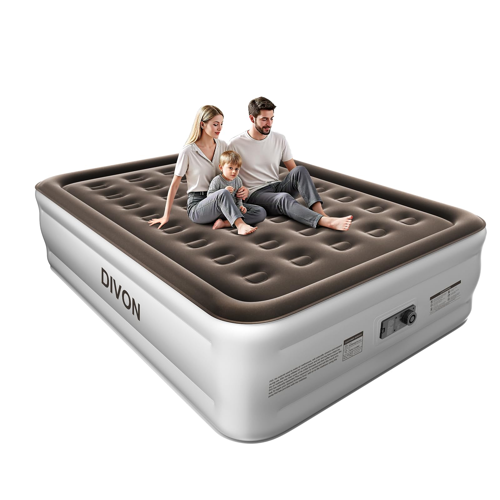 DIVON queen air mattress with built-in pump shown in brown