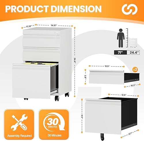 Miniatura 3 de Archivador móvil de 3 cajones con cerradura, archivadores rodantes para oficina en casa, debajo del escritorio, pequeño caninete de archivo sobre