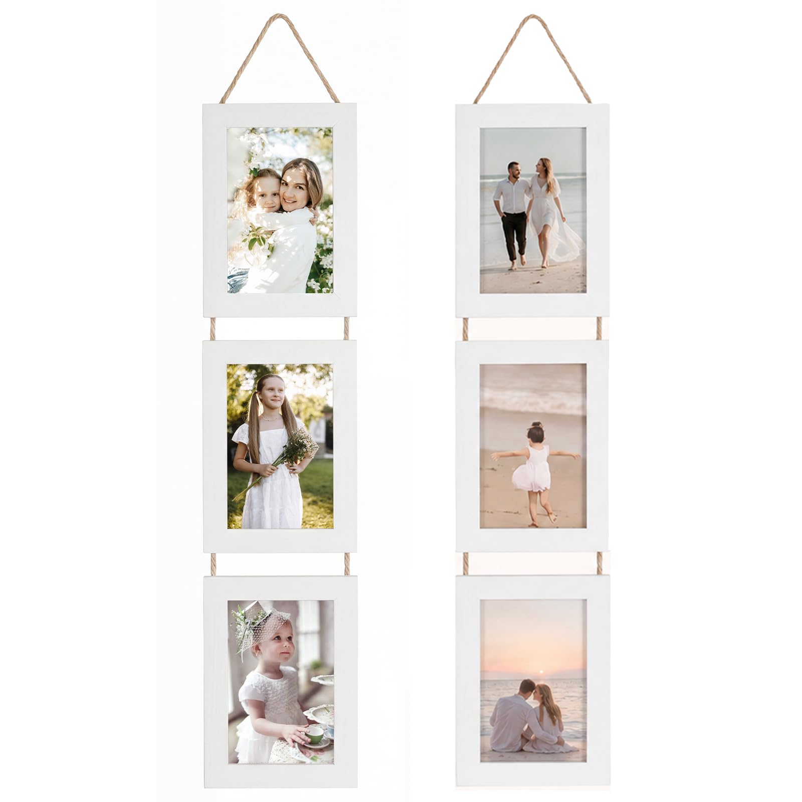Dexpally Set of 2 Multi Photo Frames for Wall, Hanging Multi 3 Photo Picture Frames, 5x7 Inch Wooden Photo Frame with Twine, for Living Room, Bedroom & Office Decor.(White)