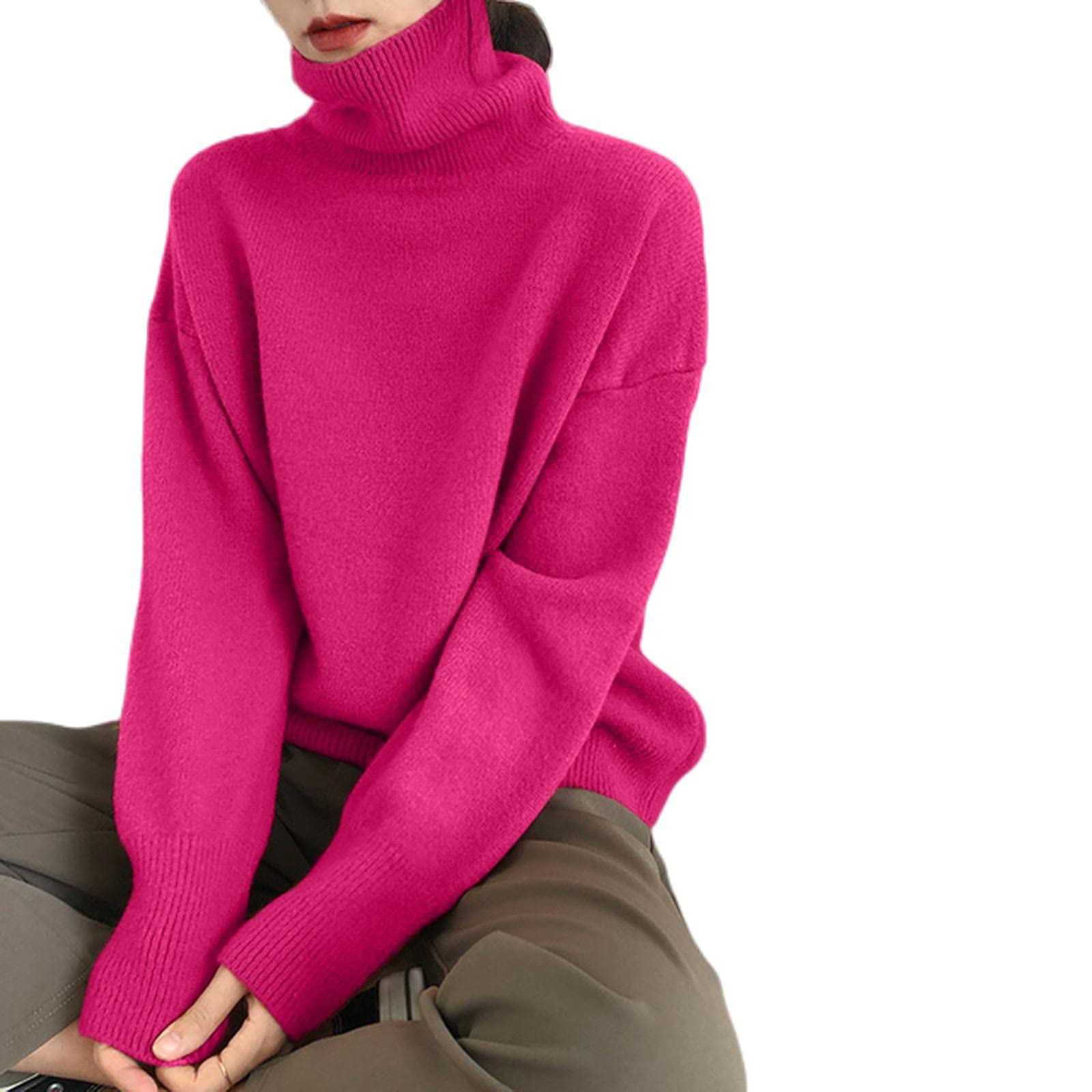 TOBILE Damski sweter z okrągłym dekoltem sztuczny kaszmir elegancki golf dekolt damski sweter miękki dzianinowy podstawowy pulowery okrągły dekolt luźny ciepły damski sweter z dzianiny