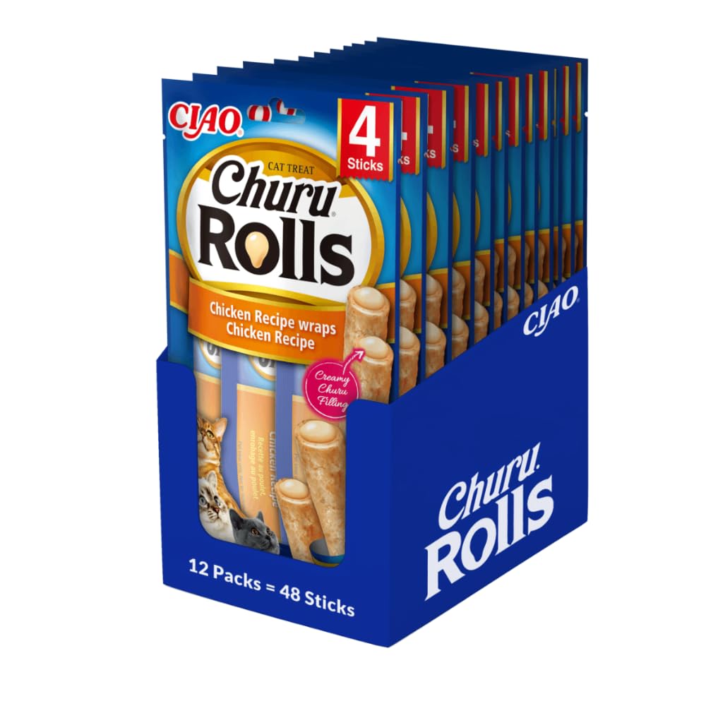 INABA Churu Rolls mit 60% Hühnerfleisch Katzen Leckerlies, Getreidefrei, Zuckerfrei, Perfekt zum Verstecken von Tablette, Keine Nebenerzeugnisse, Weiche und Saftige Kausnacks Kausticks Cat Treats 480g