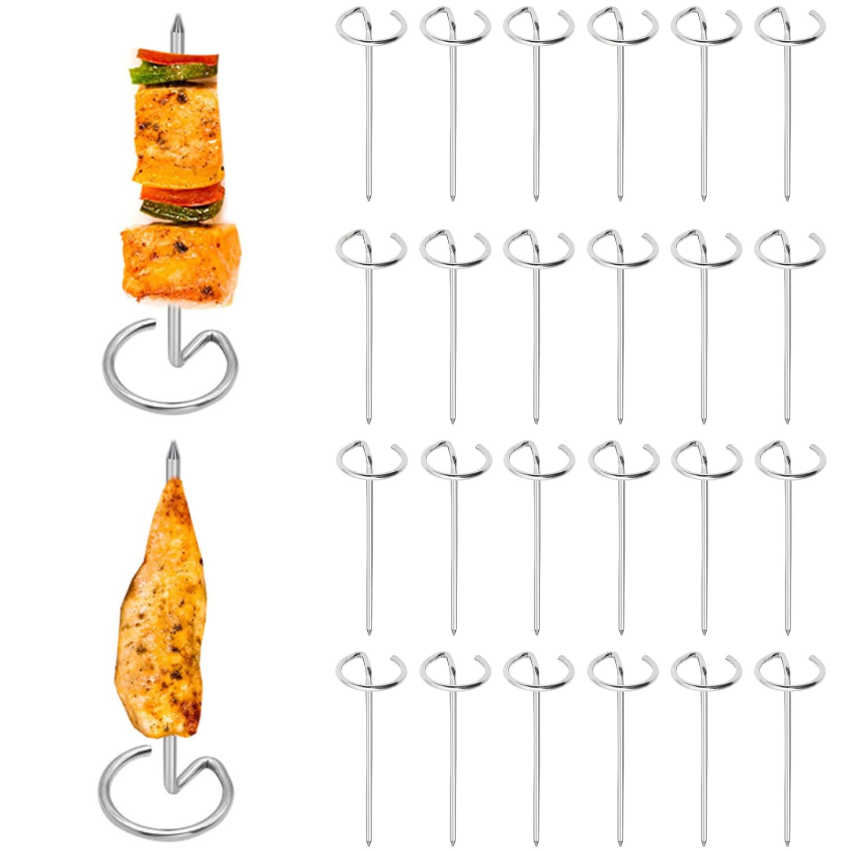 Grsrkep 24Pcs Skewers Stainless Steel, Reusable Metal Round Vertical BBQ Skewer, Small Short Barbecue Accessories for Grilling Baking Camping