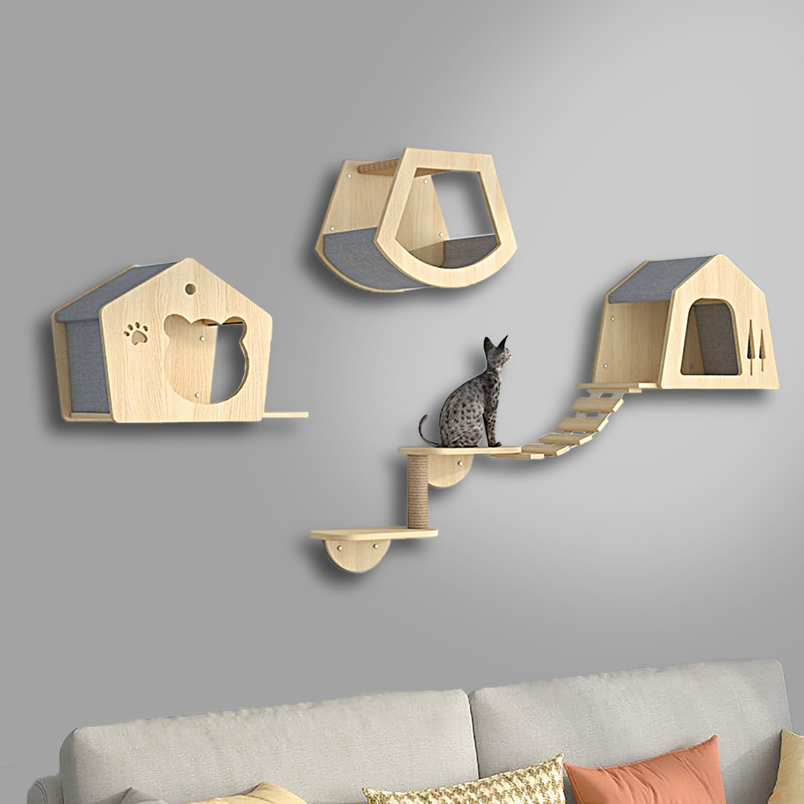 Castello per Gatti, Mensola Gatto, Mensole e Trespoli per Parete, Tiragraffi per Parco Giochi con 3 Gradini per Interni, Casetta per Condomini(5pcs)