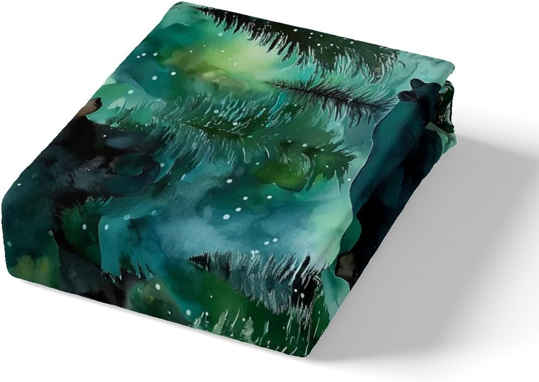 Manfei Wild Bear Toddler Size Duvet Cover,Nature Wild Animal Jungle Pine Trees Duvet Cover for Kids Teens All Season,Watercolor Green Tie Dye Paint Graffiti Bedding Set,No Comforter