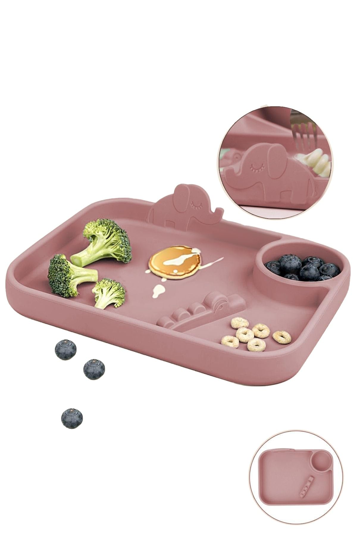 Meleni Baby 2'li Silikon Beslenme Seti - 3 Bölmeli Silikon Beslenme Tabağı, Diş Kaşıyıcı Kaşık - Pembe