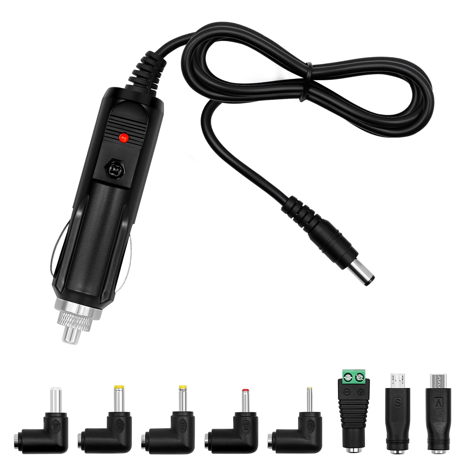 Adattatore universale per auto DC da 12 V, 5 A, 5,5 x 2,5 mm, cavo USB da 1 m, con 8 connettori, adattatore cavo per accendisigari da auto, compatibile con lettore DVD, GPS, tablet