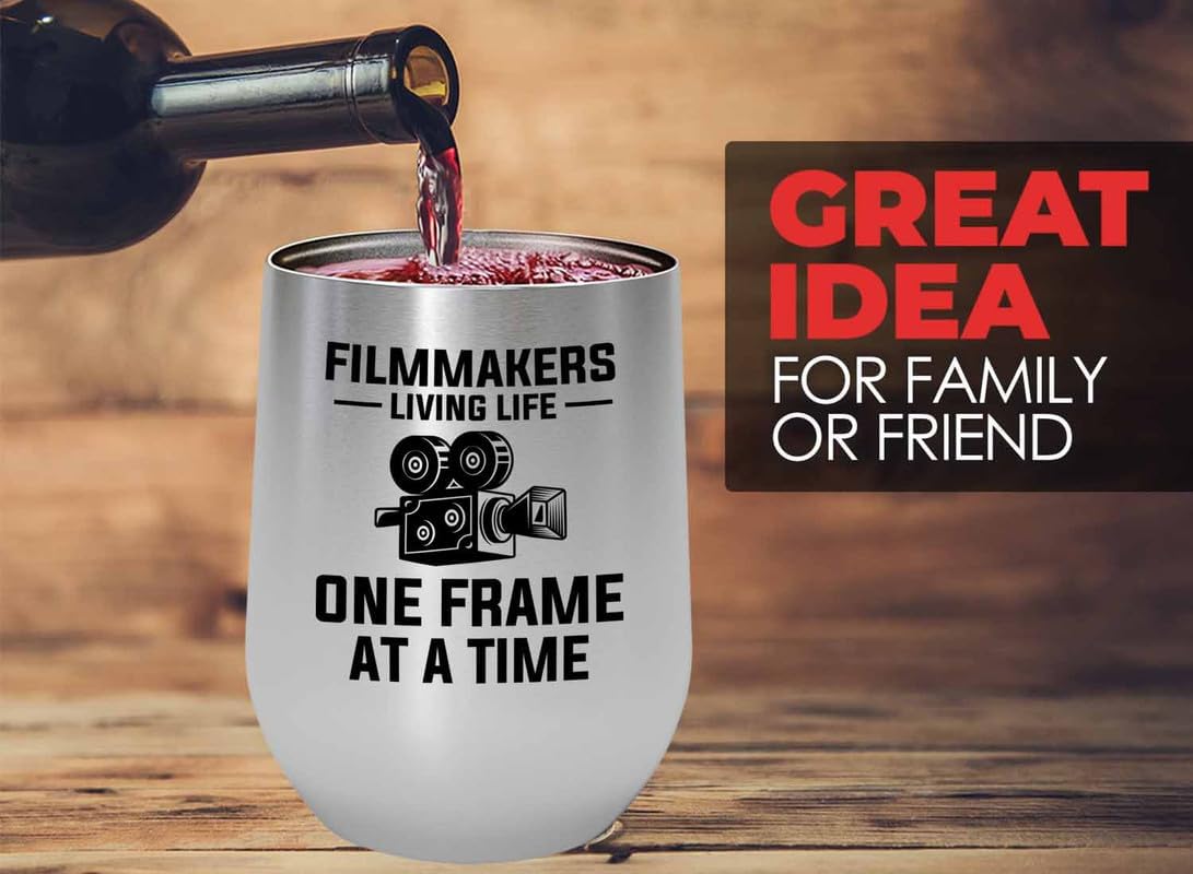 Filmmaker Silver Edition Wine Tumbler 12oz - Filmmakers Living life - Filmmaker Gifts Camera Lens Cut Prop Director Movie Film Scriptwriter