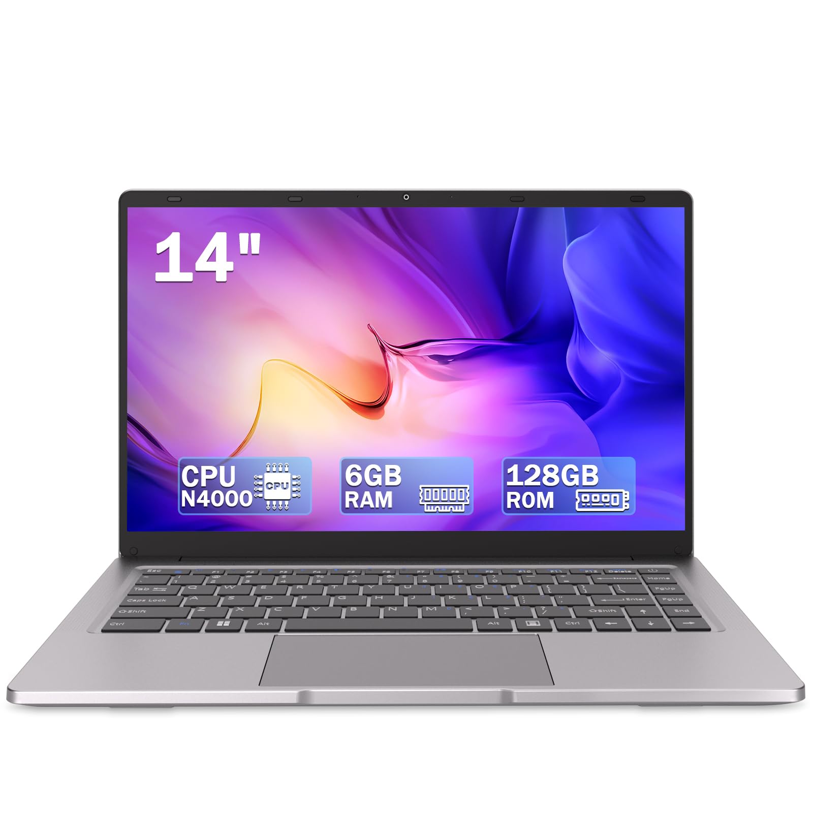Ordenador portátil 14 pulgadas Dual-Core hasta 2,6 GHz • 6 GB RAM • 128 GB SSD • UHD portatil • WiFi 5G • Mini-HDMI • Teclado membrana • Diseño sin ventilador • Color plateado • Ratón incluido