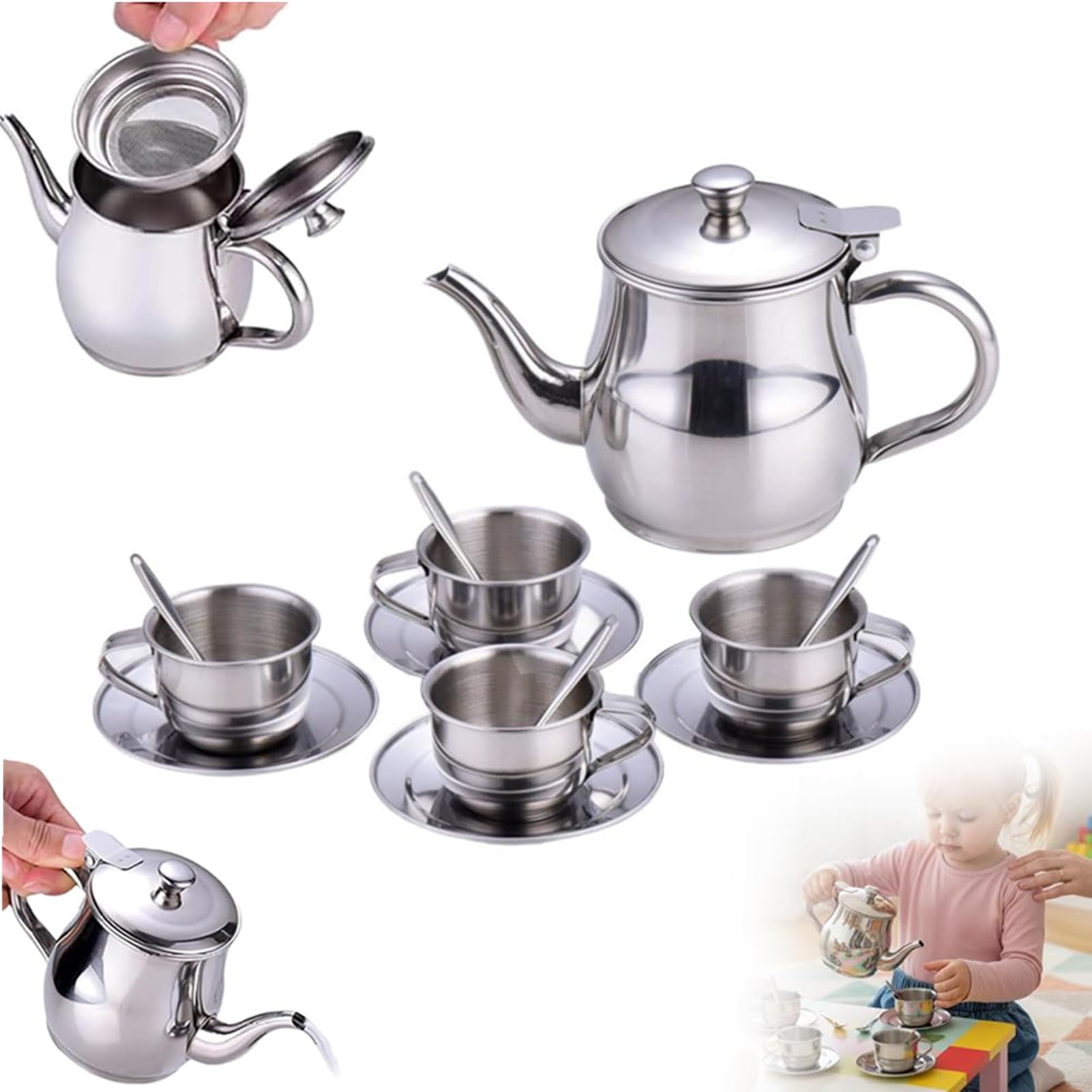 Kids Tea Set,13-Piece Stainless Steel Teapot Kit,with Cups, Saucers & Spoons,Kids Tea Time Play Kitchen Toy for Birthday Daycare Home Classroom Preschool Playroom