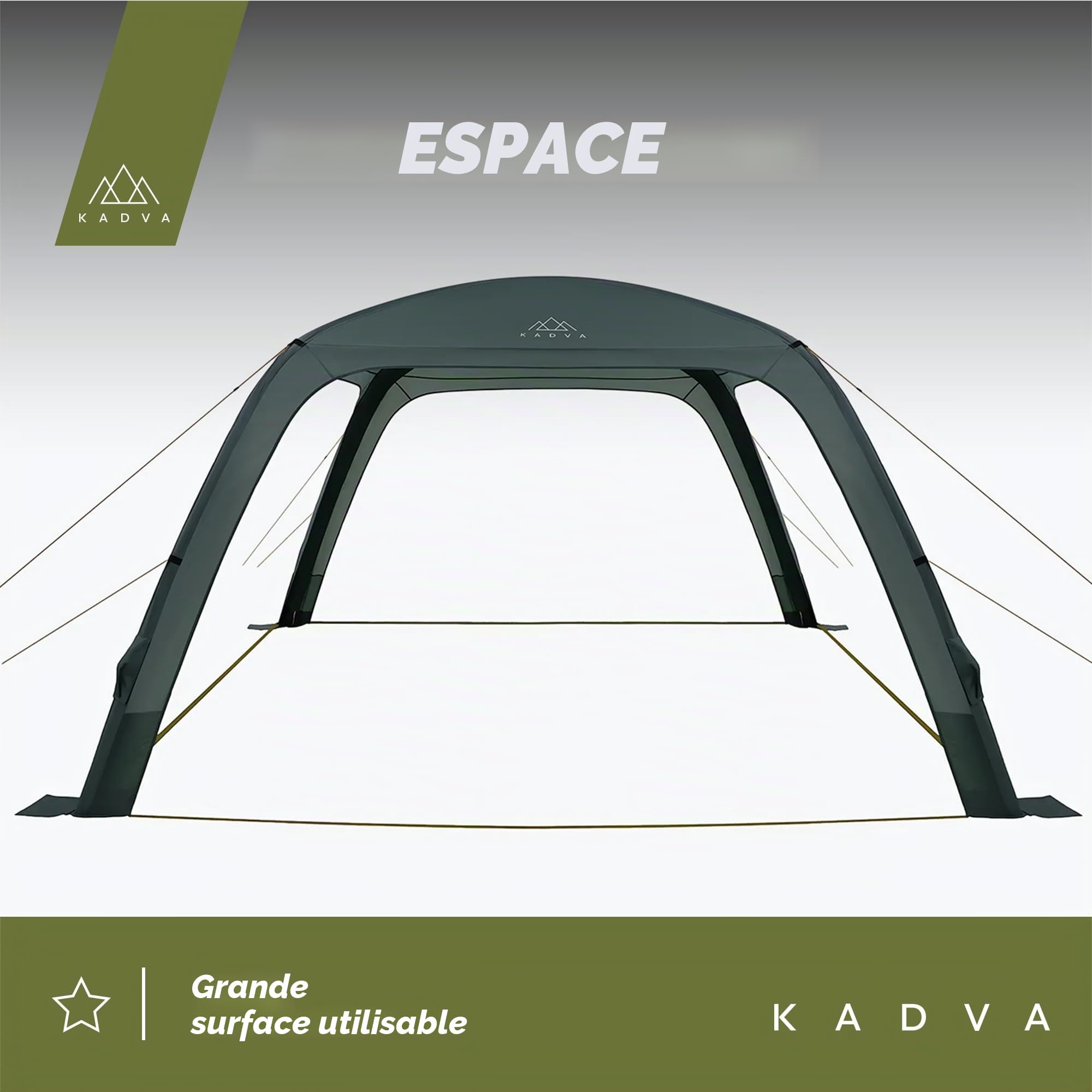 KADVA Auvent AIRcamp Base Résistance à l'eau 1000 mm Coutures Étanches Construction en Tunnel 3 Arcs Gonflables Dimensions 350x350x210 cm Pompe Incluse Crochet UPF 50+ Couleur Vert