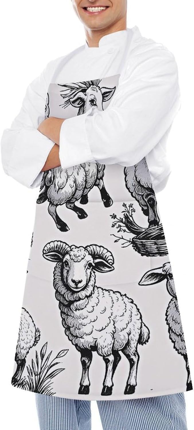 Cartoon Black White Sheep Chef Apron Cooking Kitchen Aprons with Pockets Lightweight Soft Adjustable Bib Apron Restaurant Waterproof Aprons for Men Women Waiters