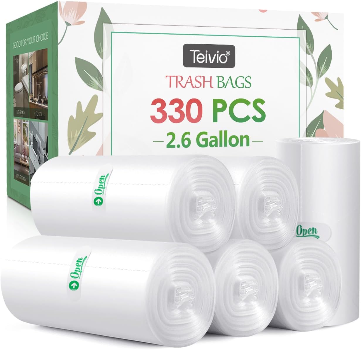2.6 Gallon 330 Counts Strong Trash Bags Garbage Bags by Teivio, Bathroom Trash Can Bin Liners, Small Plastic Bags for home office kitchen (Clear)