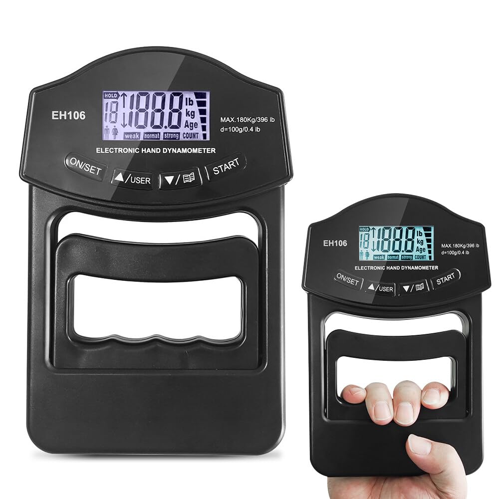 NAVESO Dinamómetro de Mano Digital, 396lb/180Kg Dinamómetro Electrónico de Mano, Pantallas LED, Entrenador de Fuerza de Agarre Con Cable de Datos USB