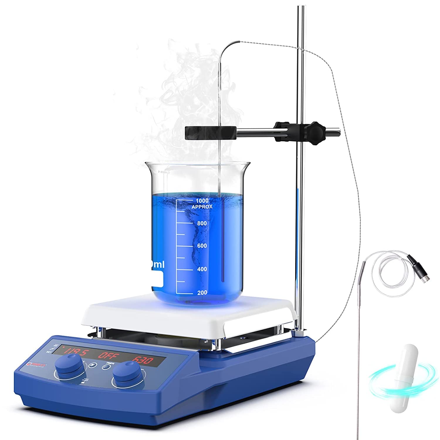 7 Inch Hotplate Magnetic Stirrer with Stand - FOUR E'S SCIENTIFIC Magnetic Stirrer Hot Plate 510℃/950°F | 20L | 50-1500RPM | 3 YR Warranty with Temp Probe Sensor, Stir Bar, Stand: Industrial & Scientific
