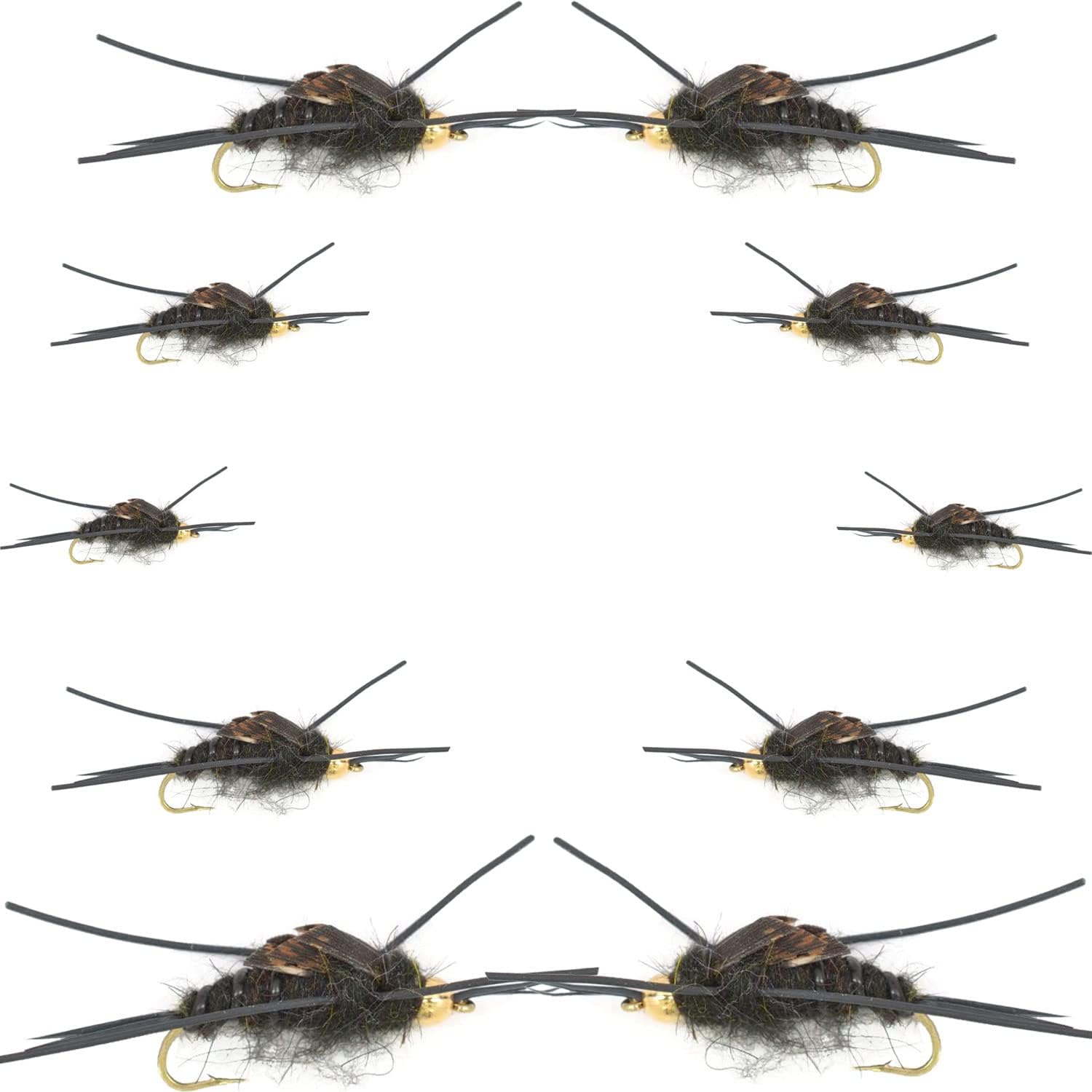 The Fly Fishing Place Basics Collection - Kaufmann's Tungsten Bead Black Stonefly Nymph Assortment - 10 Bead Head Rubber Legs Wet Flies - 2 Each Hook Sizes 4, 6, 8, 10, and 12