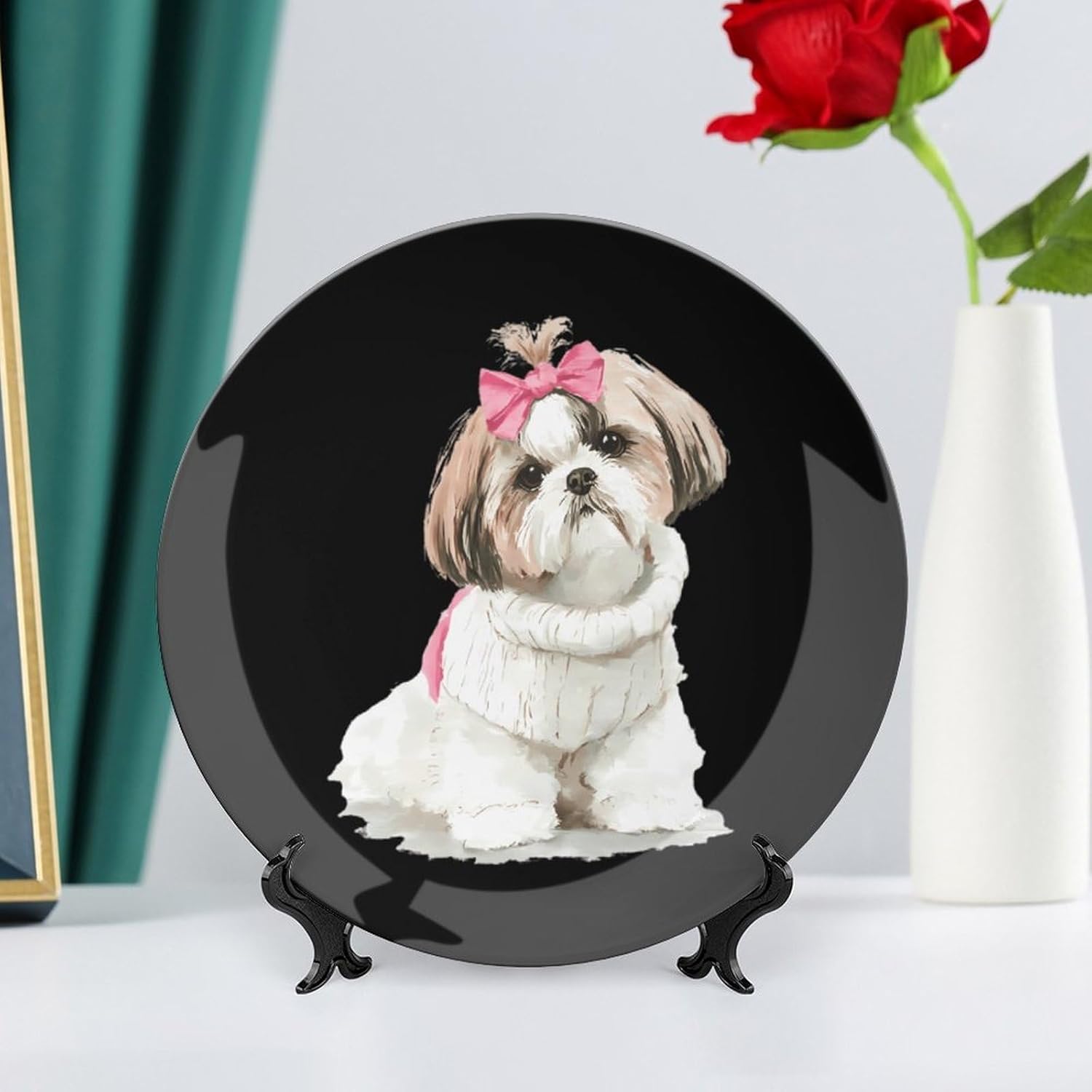 Cartoon Shih Tzu Dog Decorative Plates for Display Ceramic Plate Tray with Stand Hanger Home Decor