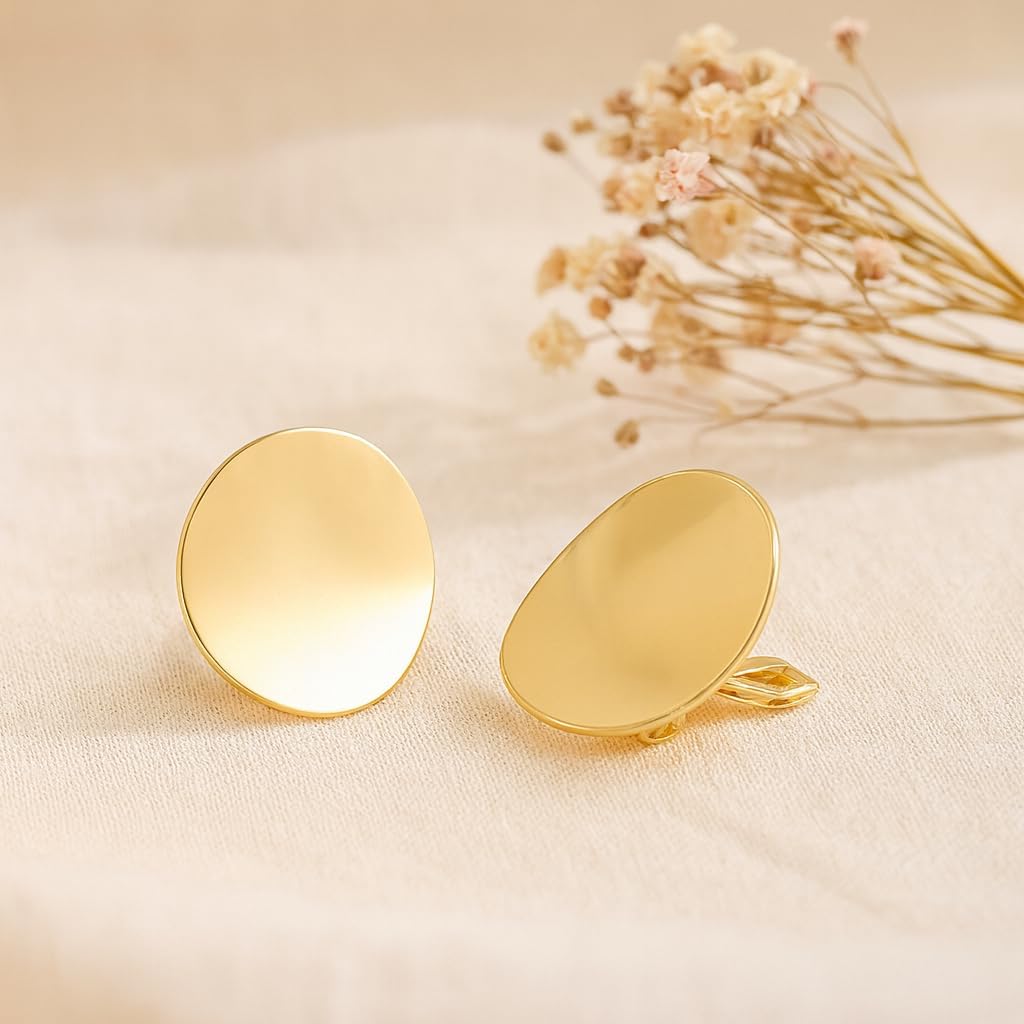 Gold/Silver Round Textured Disc Drop Clip On Earrings Women, Chunky Statement Studs Earrings Clips for Non-Pierced Ears,20mm