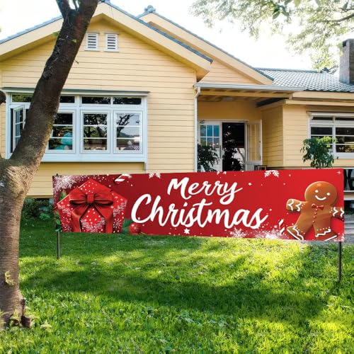 Image of Red Gift Box Christmas Banner 78.7 x 17.7 Inch Gingerbread Candy and Ribbon Bow Design Holiday Backdrop for Home Yard Garden Fence or Indoor Wall Decoration Celebration Display