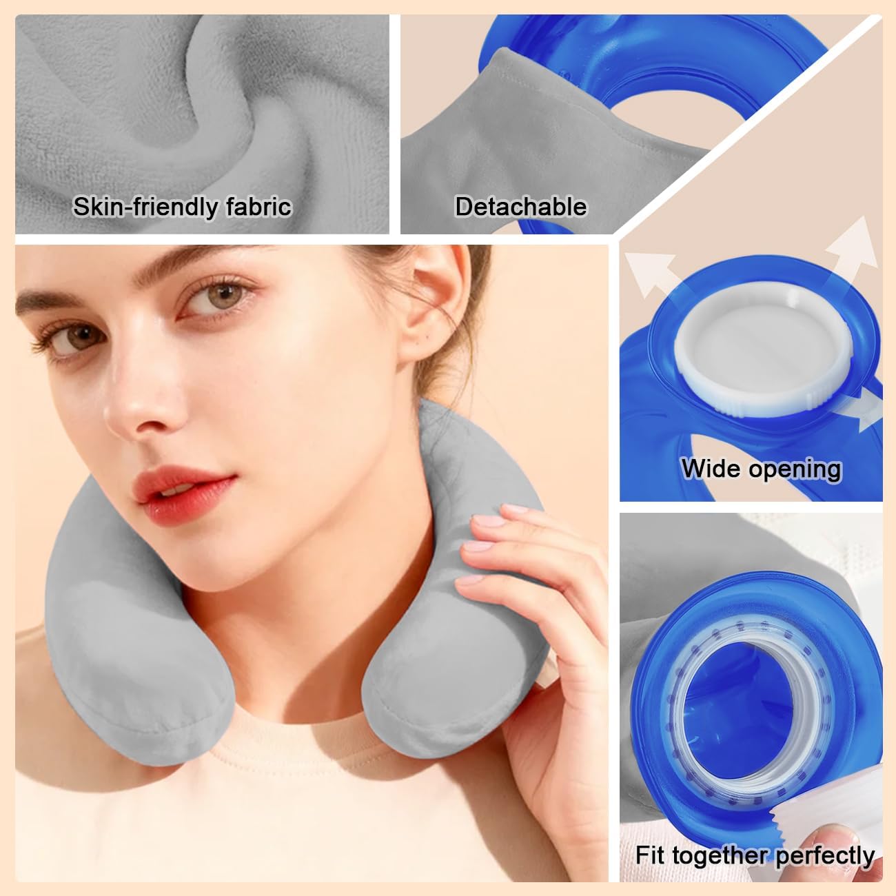 U-Shaped Hot Water Bottle with Fleece Cover 850ML Hot & Cold Water Bag Therapy Heating Pad for Pain Relief Neck Shoulder Hand Warmer Relaxing Protection Blue