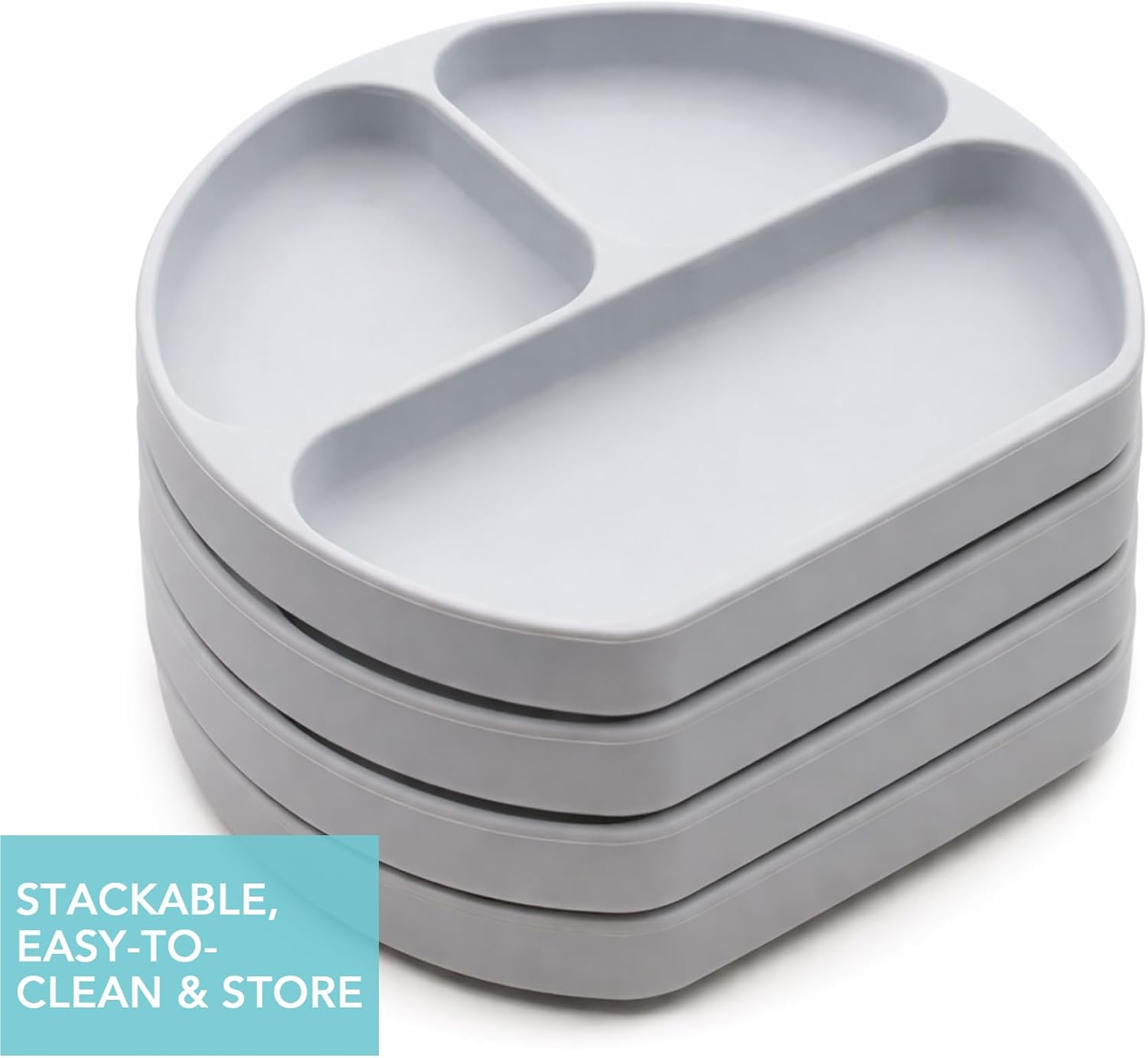 Bumkins Toddler and Baby Suction Plates, Silicone Divided Grip Dishes for Babies and Kids, Baby Led Weaning, Children Supplies, Non Skid Bottom, Platinum Silicone, 6 Months Up, Gray 4-pack