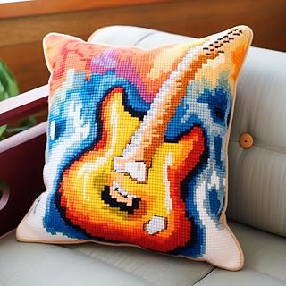 Latch Hook Kits Square Pillowcase Kits with Cartoon Guitar Latch Hook Cushion Rug Throw Pillow Mat Embroidery Craft Kits for Beginner with Printed Pattern Canvas Home Decor 43x43cm