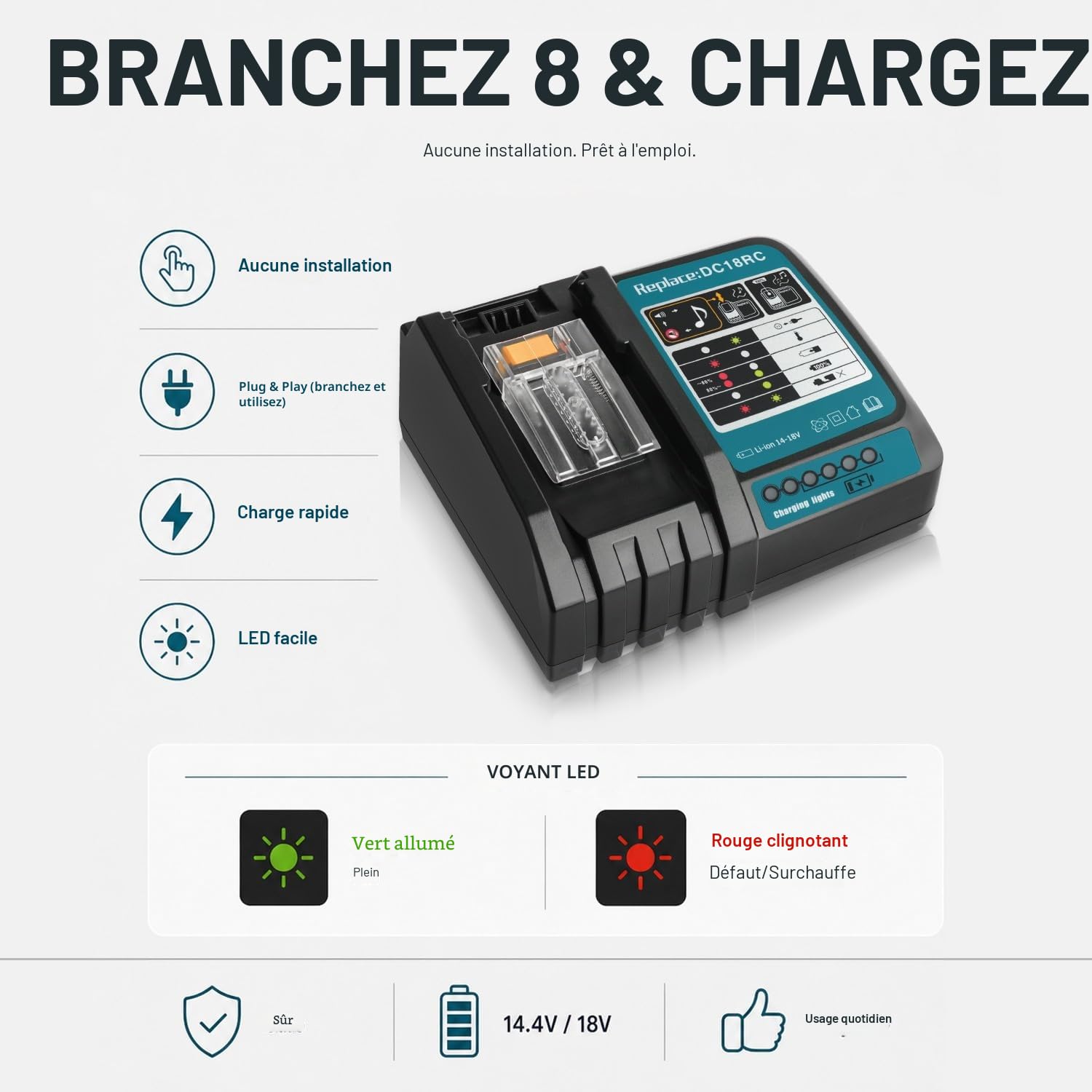 Waitley DC18RC Chargeur pour Makita 14.4V ~ 18V Batterie BL1860B BL1860 BL1850B BL1850 BL1840B BL1840 BL1415 BL1430