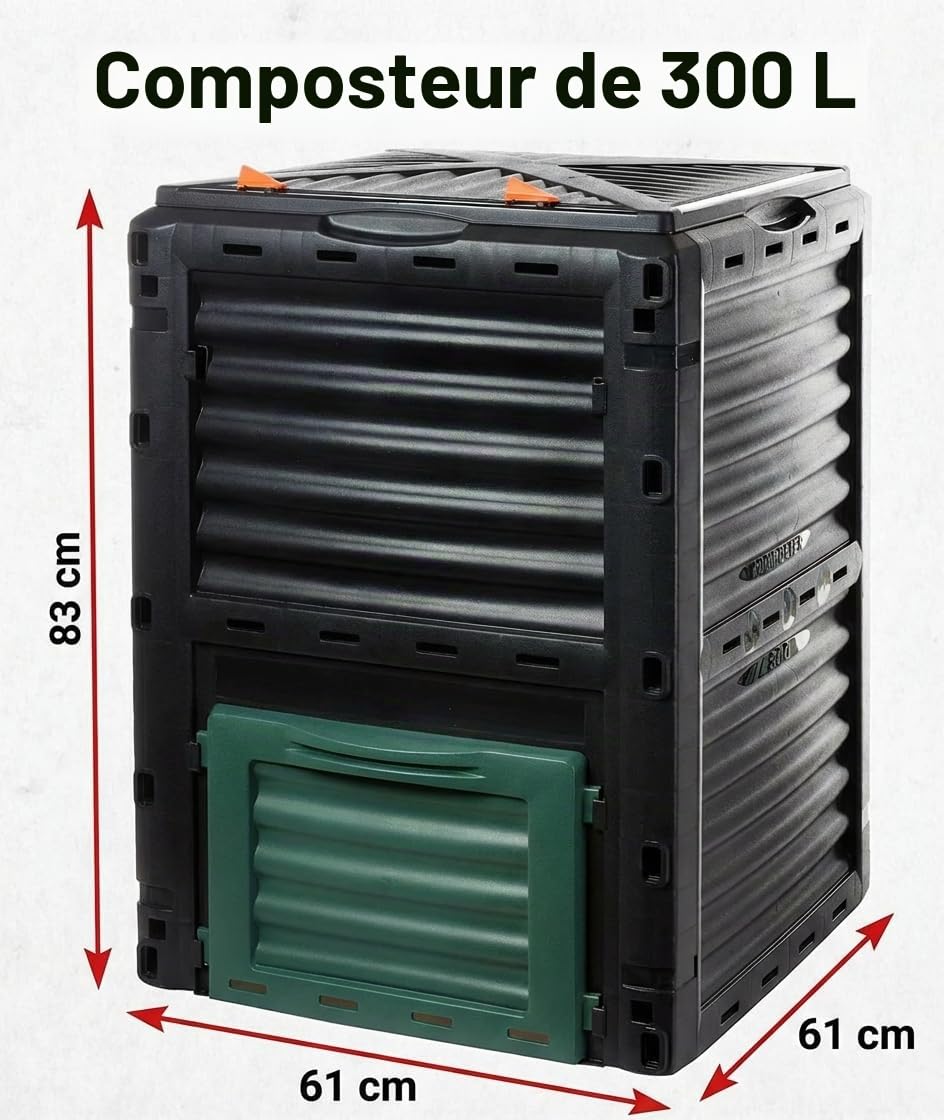 Composteur thermique de jardin 300 l de qualité supérieure avec couvercle rabattable en plastique recyclé 83 x 61 x 61 cm