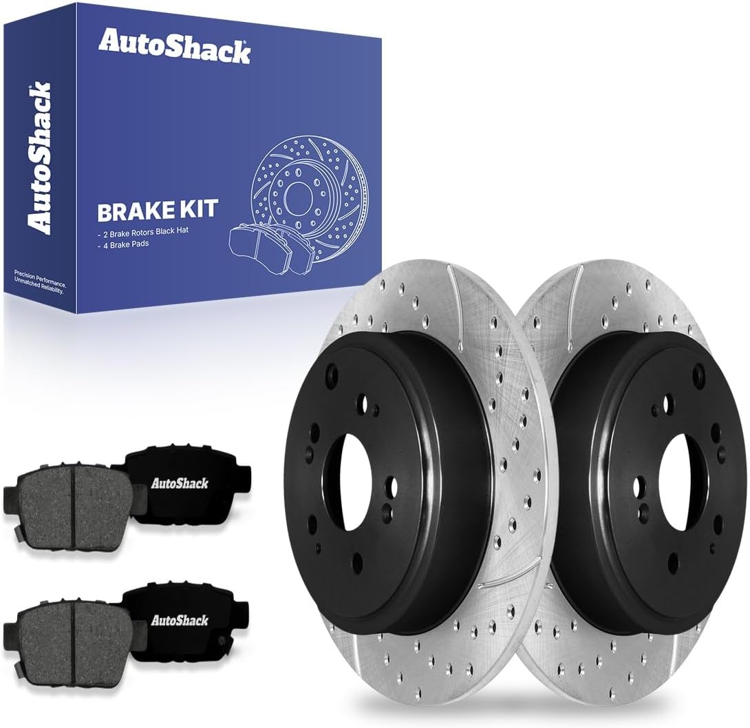 AutoShack Rear Solid Drilled & Slotted E-Coated Brake Rotors + Premium Ceramic Pads 6-PC Brake Kit Replacement for 2006-2014 Honda Ridgeline ShadowGuard 13.13" (333.5 mm)