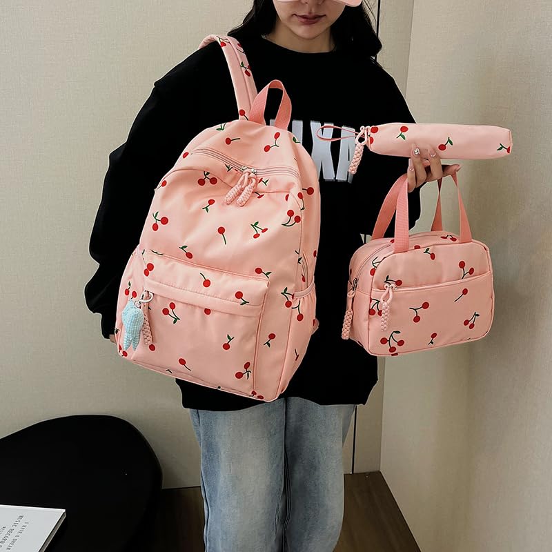 Cherry Backpack Coquette Pink Bookbag Aesthetic Cute Daypack for Travel Daily Use Large 3pcs Bag Set2
