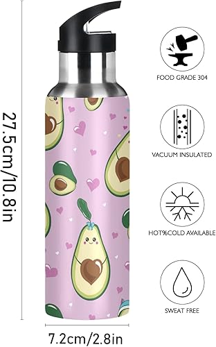 Miniatura 2 de xigua Botella de agua de aguacate con tapa de pajilla, termo de acero inoxidable aislado al vacío para deportes, ciclismo, senderismo, escuela,