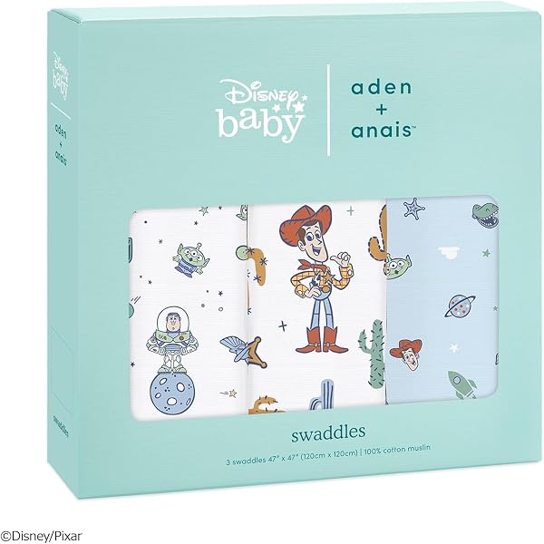 aden + anais エイデンアンドアネイ おくるみ 3枚セット ディズニー トイストーリー 120×120cm モスリンコットン スワドル 新生児 出産祝い SWADABDASWC30010DI - 1
